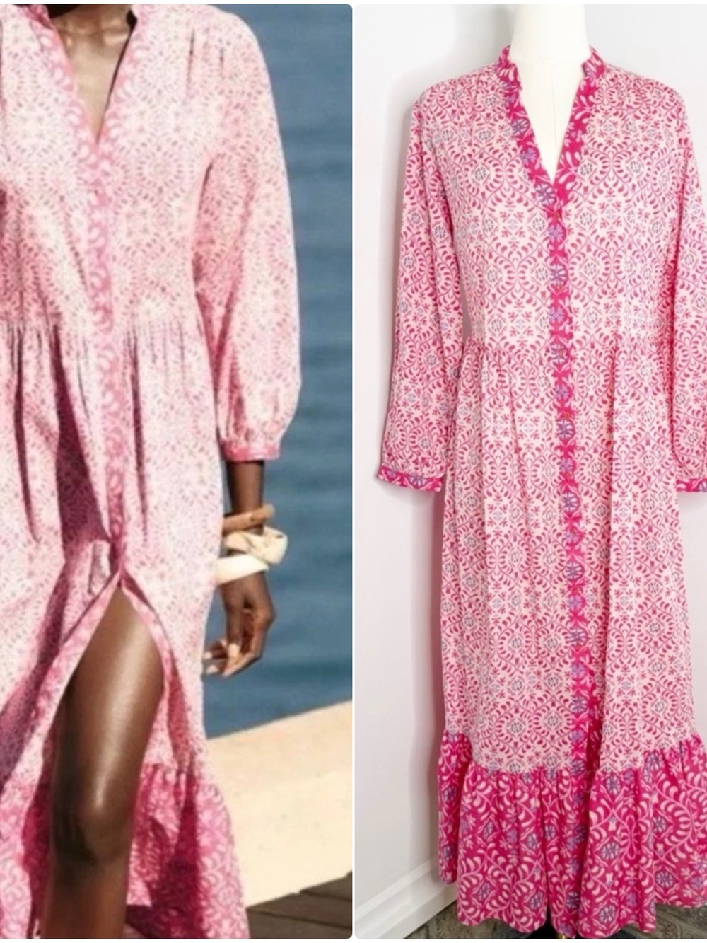 Zara Pink Floral Maxi Dress XS Boho Tiered Ruffle Hem Long Sleeve